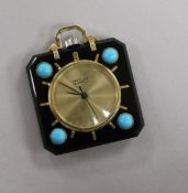 A Van Cleef & Arpels gold, black onyx? and turquoise coloured cabochon set pendant timepiece, 37mm.