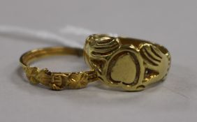 Two yellow metal betrothal rings (test as 22ct gold), 7.5g gross