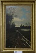 English School, oil on canvas, shepherd and dog on a lane, 39 x 24cm