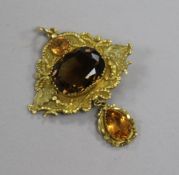 A late Victorian yellow metal, citrine and paste set drop pendant, (repairs), 48mm.