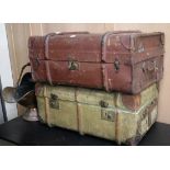 Two canvas trunks and a copper coal scuttle