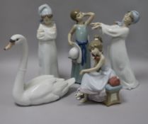 A Lladro figure, Chit-Chat, No. 5466 and four other figures, including 'Prissy', No. 5010, Little