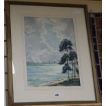 English School, watercolour, coastal landscape, indistinctly signed, 44 x 32cm