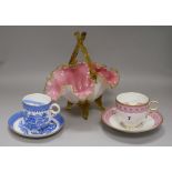 Two Royal Worcester Moustache cups and saucers and a Victorian glass basket basket height 26cm