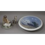 A Royal Copenhagen fawn, a bowl and a dog bowl diameter 26cm