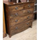 A 19th century mahogany chest of two short and three long drawers over swept legs W.93cm