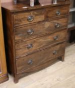 A 19th century mahogany chest of two short and three long drawers over swept legs W.93cm