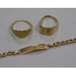 Two gold rings and an 18ct gold bracelet.