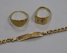 Two gold rings and an 18ct gold bracelet.