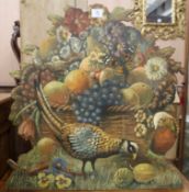 A painted fire screen, of a pheasant and still life
