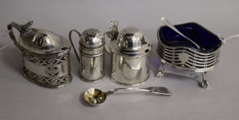 A George III pierced silver oval mustard and five other items, including a Georgian plain
