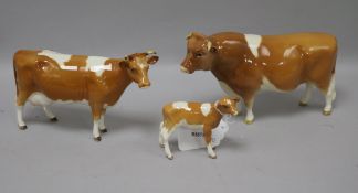 A Beswick Guernsey cattle family, comprising bull 1451, cow 1248A (separate horns) and calf 1240A,