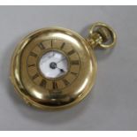 A Lever Brothers 14K gold stiffened half hunter pocket watch, having white enamelled Roman dial with