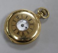A Lever Brothers 14K gold stiffened half hunter pocket watch, having white enamelled Roman dial with