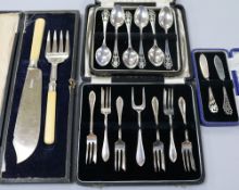 Four assorted cased sets of silver cutlery including teaspoons and fish servers.