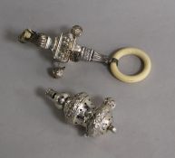 Two Edwardian silver child's rattles (a.f.).