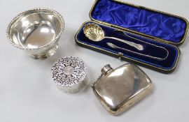A Victorian silver hip flask, a silver bowl, a silver pot pourri box and a cased silver sifter spoon
