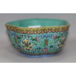 A Chinese lobed hexagonal turquoise ground bowl diameter 14cm