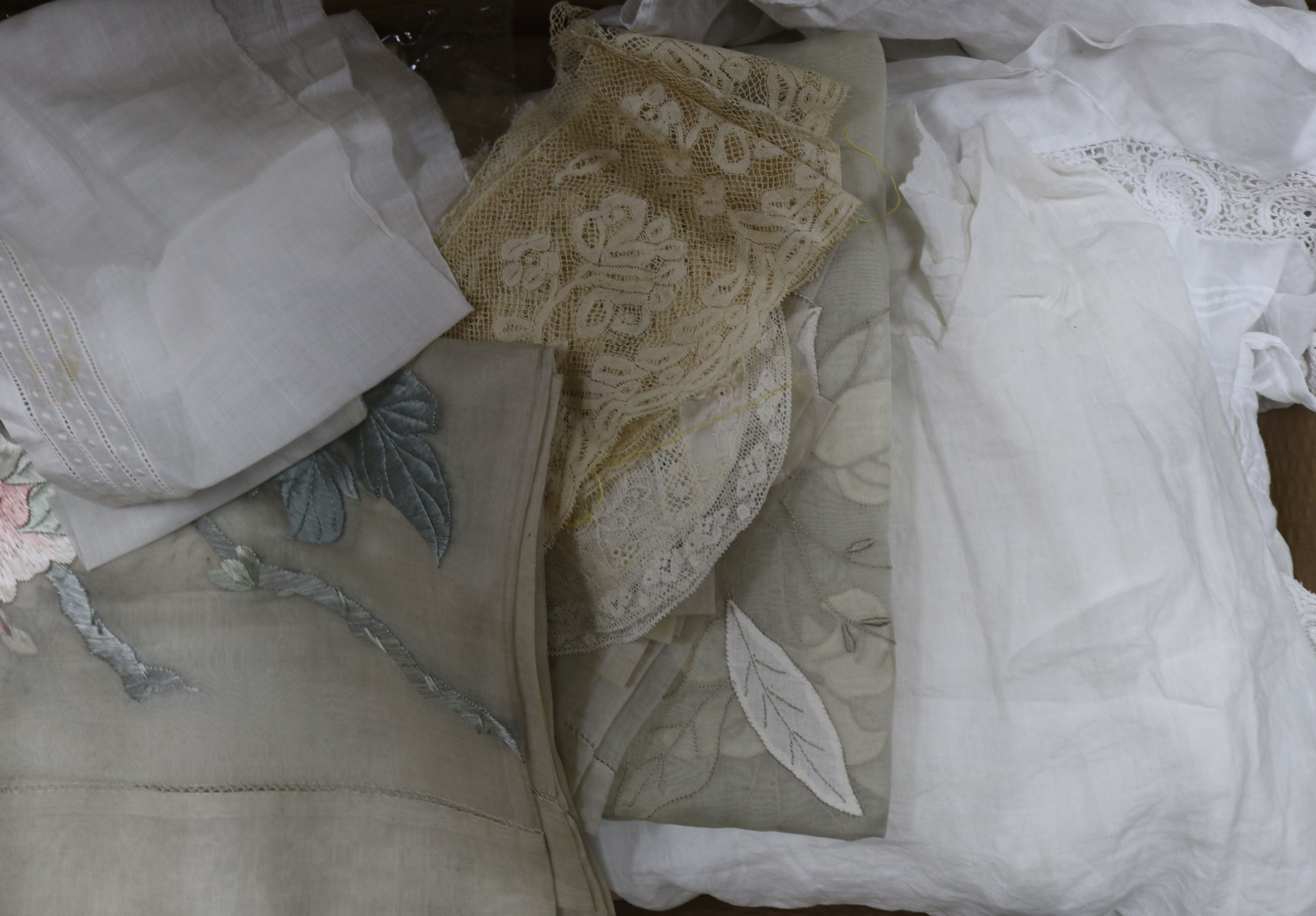 An Edwardian ladies blouse, camisole, mixed lace trimmings, mats etc.