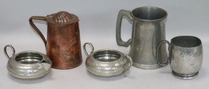 A J.S & S copper jug and hammered pewter jug height 12cm