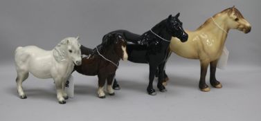 Four Beswick ponies comprising Dun Highland 1644, Fell 1647 and Shetland 1033 and H185, all gloss