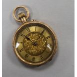 A 12ct gold fob watch with yellow Roman dial.