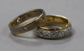 A two colour 18ct gold bright cut engraved wedding band and a similar ring with six gypsy set