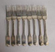 A set of eight George V silver fiddle pattern table forks, Sheffield, 1918.