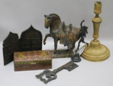 A Spelter horse and mixed metalware