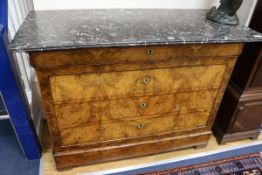 A 19th century French figured walnut marble top chest W.130cm