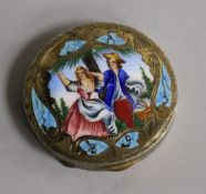 A late 19th/early 20th century continental engraved 800 white metal and enamel circular compact,