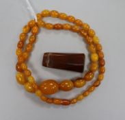 A single strand amber bead necklace, 28grms and an amber cigar holder.