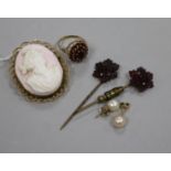 A 9ct gold cameo brooch, two stick pins, a garnet ring and pair of cultured pearl ear studs.
