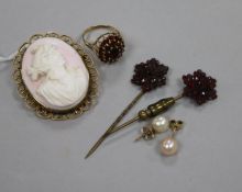 A 9ct gold cameo brooch, two stick pins, a garnet ring and pair of cultured pearl ear studs.