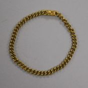 A yellow metal curb-link bracelet with box clasp (tests as 24ct), 17.4g