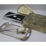 A Tudric tray, a Deco cigarette case, a clock and a silver spoon