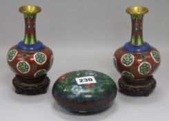 A pair of Chinese cloisonne enamel vases and a box