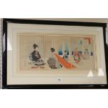 Japanese School, woodblock triptych print, seated geishas each 30.5 x 23.5cm