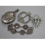 A Victorian silver locket, an Iona brooch and bracelet and one other Scottish silver brooch.