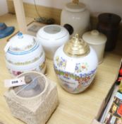 A 'Houses of Parliament Stone' tobacco jar, inscribed to lid and six other large tobacco jars