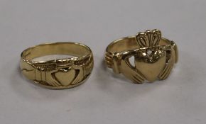 Two 9ct yellow gold 'Claddagh' rings, 13.5g.