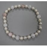 A large cultured pearl, rose quartz and glass bead necklace, 48cm.