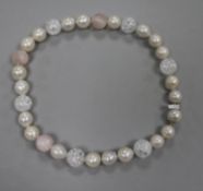 A large cultured pearl, rose quartz and glass bead necklace, 48cm.