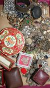 A quantity of mixed costume jewellery including a cameo ring and micro mosaic "banjo" brooch.