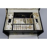 A jewellery box of costume jewellery and five gold plated Rotary watches.