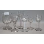 An engraved rummer rated 1860, two opaque twist cordial glasses, two faceted stem glasses and on