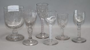 An engraved rummer rated 1860, two opaque twist cordial glasses, two faceted stem glasses and on