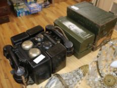 Three British military field telephone set 'F' (one boxed) and a similar telephone set 'J'