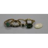 An unmounted oval white opal, three 9ct gem set rings and a 14ct gold ring with loose stone.