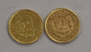 Two Peruvian 1/5 Libra gold coins, Verdad I, 1920, GF and 1955, VF, 3.2g gross
